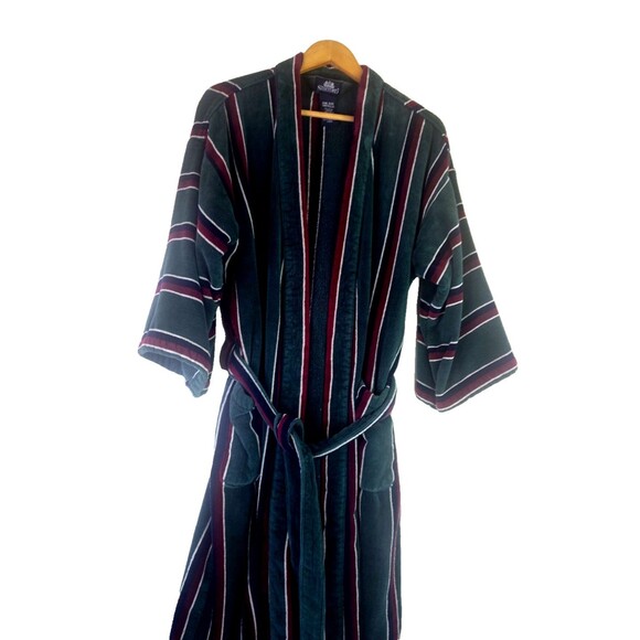 Vintage Stafford Bath Robe OS Mens Green Striped Thick Terry Cloth Belted Cotton - Picture 3 of 13